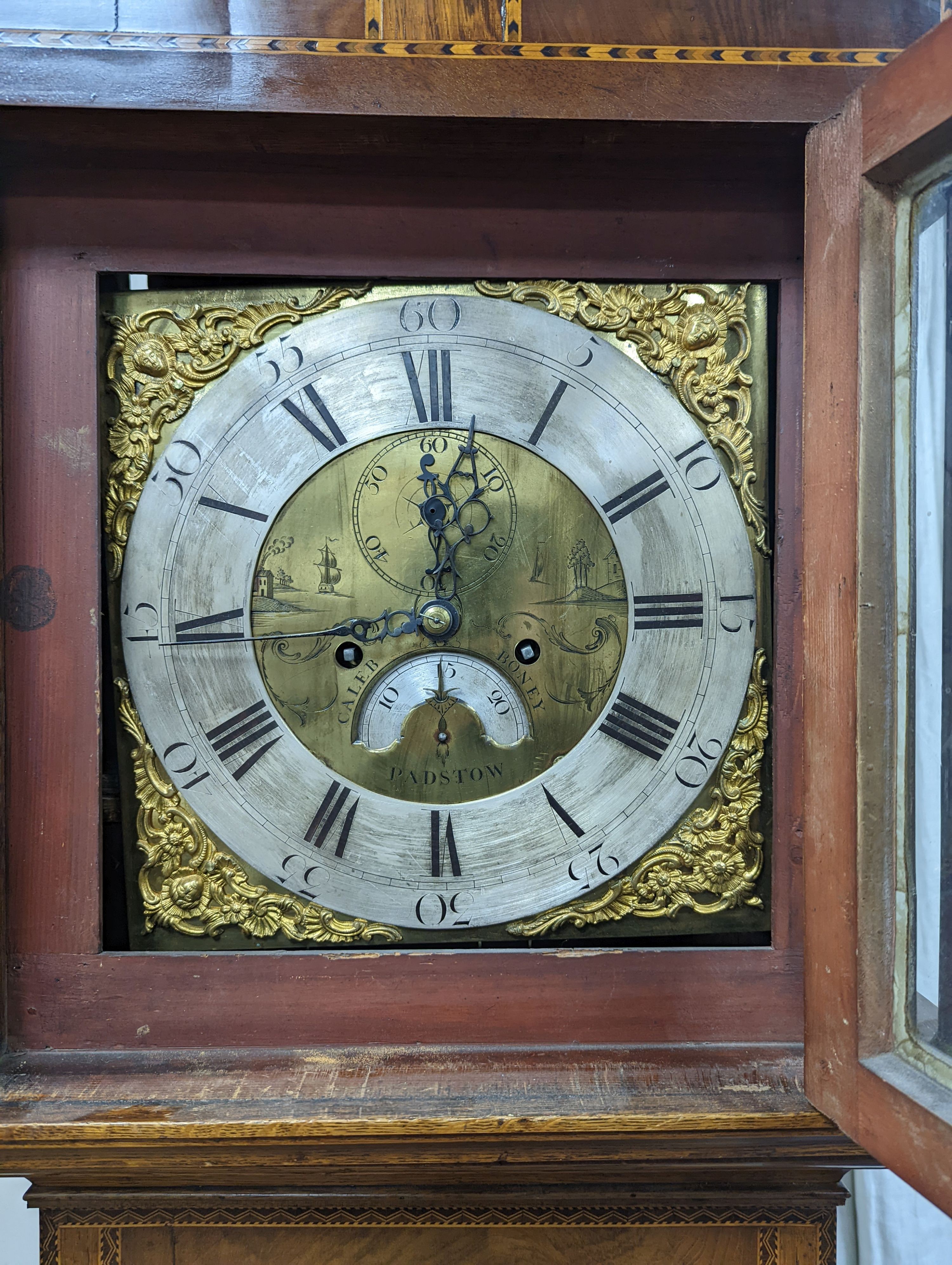 A George III mahogany banded oak 8 day longcase clock marked Caleb Boney, Padstow, height 210cm